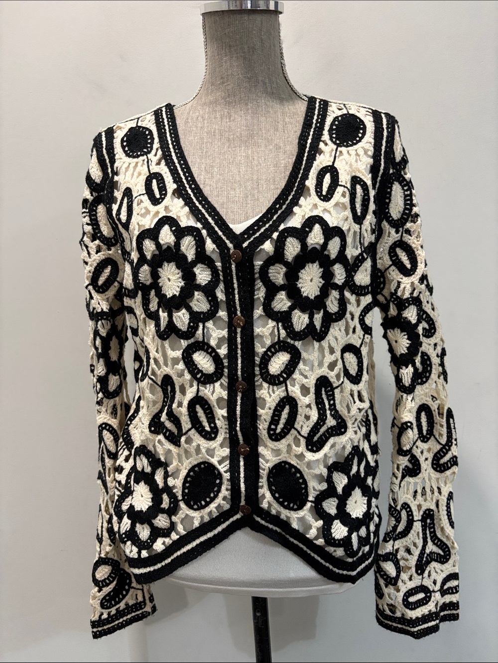 Crochet Cardigan Black Cream Floral Boho Festival S/M Sweater - Picture 2 of 14
